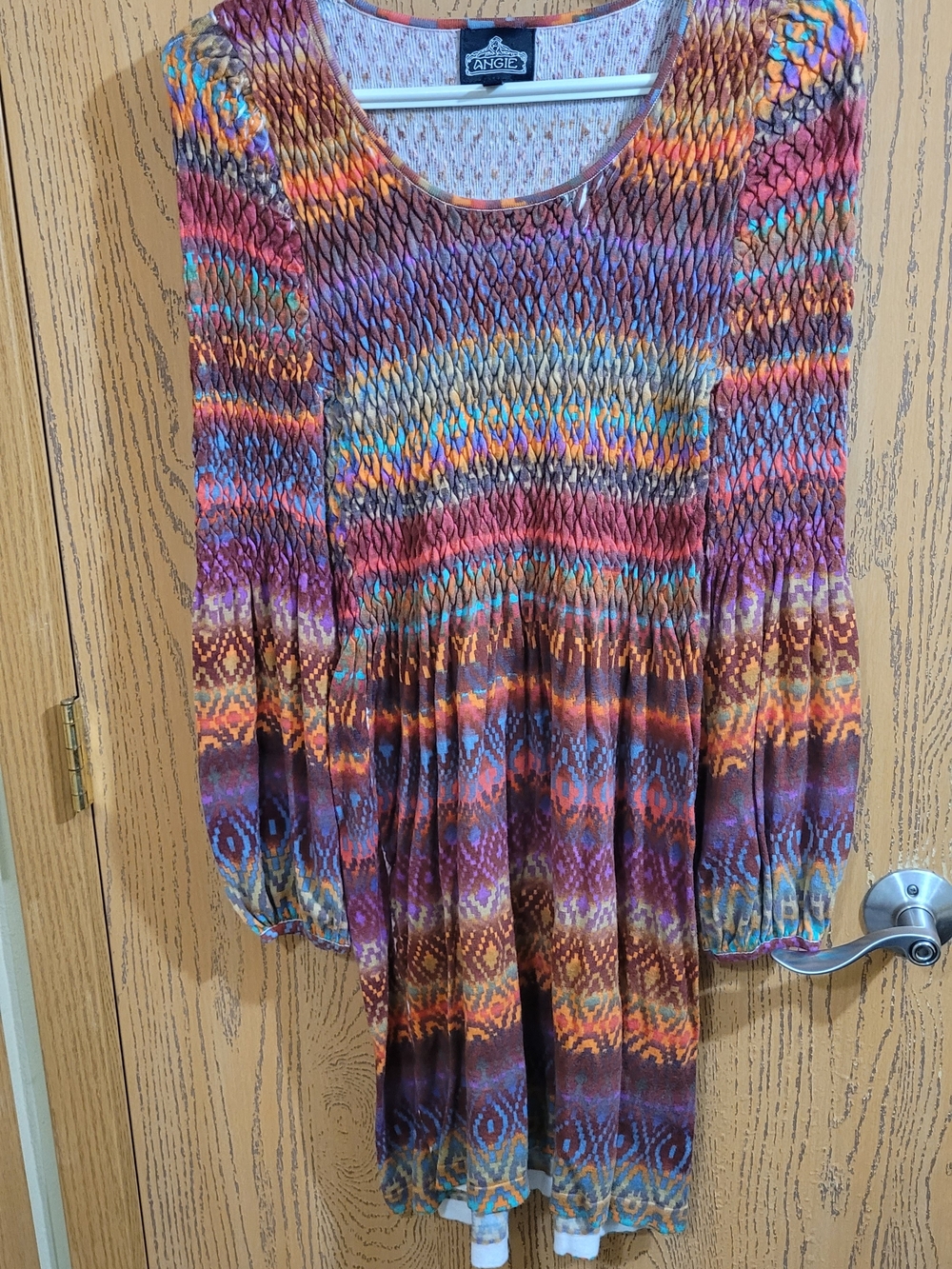Angie Multicolor Geometric Casual Boho Bohemian Smocked Hippie Dress Size M